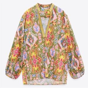 Zara Printed Tunic Bohemian Blouse EUC Size Small Multicolor 3/4 Balloon Sleeves